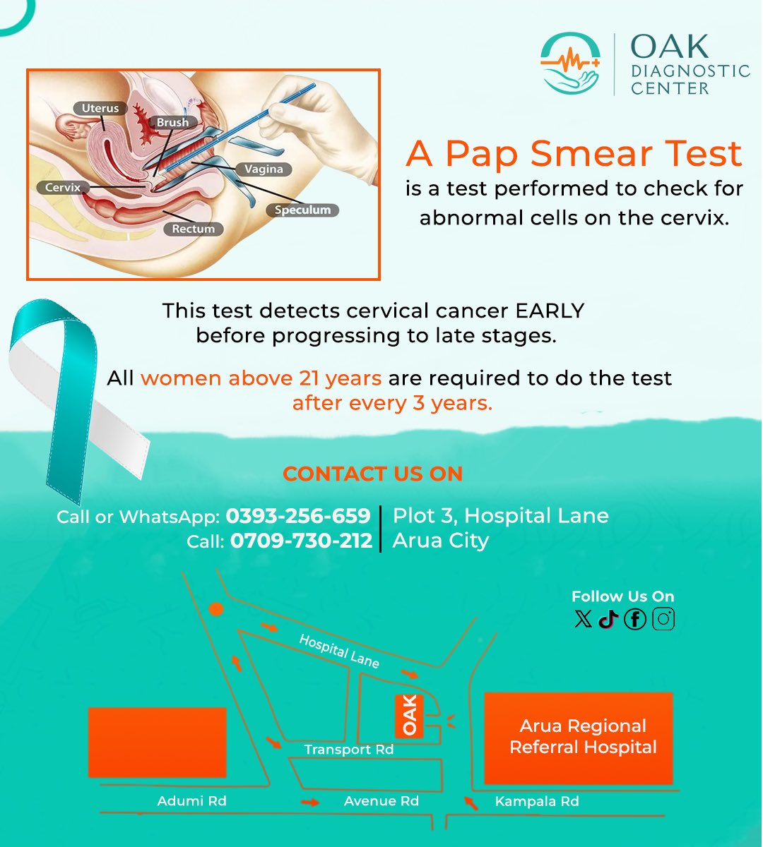Oak_DiagnosticC's tweet photo. 🎗️ A Pap Smear Test detects cervical cancer early before it progresses.

All women aged 21 and above should test every 3 years.

🚨 #CervicalCancerAwarenessMonth 
Book your Pap smear test today! https://t.co/hScLtjcpDu
