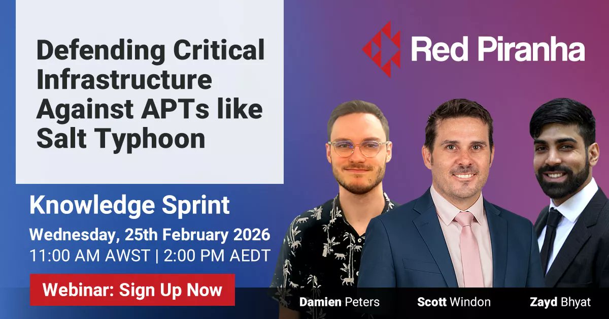 RedPiranhaSec's tweet photo. Nation-state actors are embedding themselves into core network infrastructure to enable long-term espionage. Signup for our upcoming #Webinar & learn how you can detect & hunt #APTs beyond #EDR: https://t.co/u4t9BqSPzn
#SaltTyphoon #ThreatHunting #CyberSecurity #InfoSec https://t.co/vk0TqDbgkt