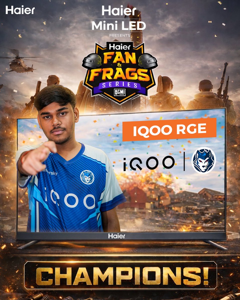 IndiaHaier's tweet photo. Team iQOO RGE owned the battleground at Haier Fans & Frags.
Through intense fights, clutch moments, and flawless execution in the final circles, they rose above every challenge to claim the Champions’ crown.
#HaierxBGMI #FanAndFragsSeries #HaierMiniLED #GamingTVOfTheYear https://t.co/0cH6ChmTFm