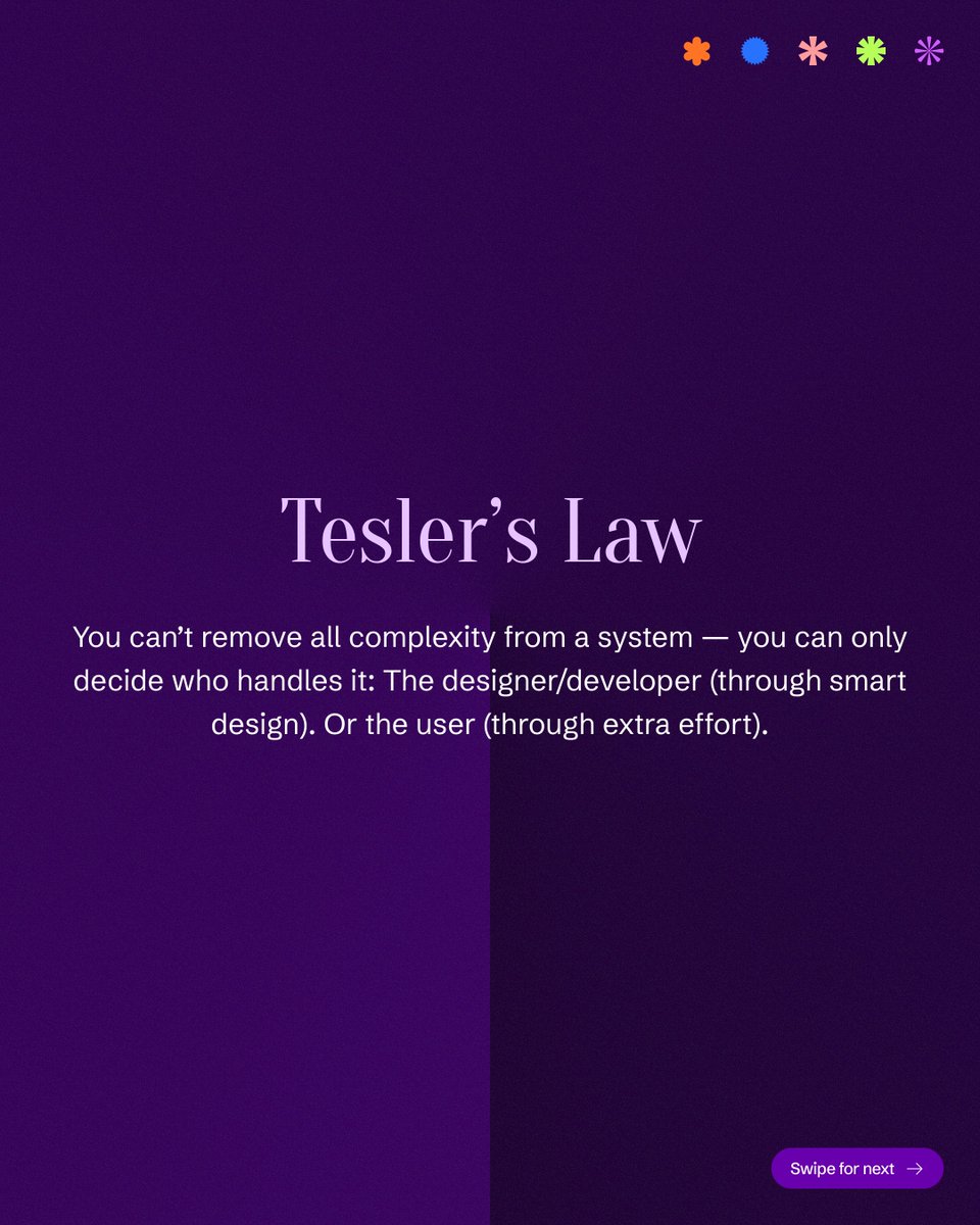 cx_deep_'s tweet photo. Complexity doesn’t disappear — it just changes hands. 👀

Tesler’s Law reminds us of a simple truth in UX:
You can’t remove complexity from a system — you can only decide who handles it.

#uxdesign #productdesign #uidesign #uxlaw #designthinking #saasdesign #userexperience https://t.co/k42egAL6mN
