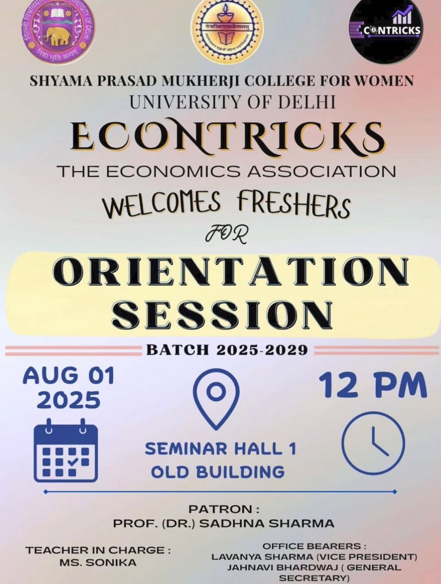 EconTricks_spmc's tweet photo. Econtricks successfully conducted the Orientation Session for the Batch of 2025–2029 at Shyama Prasad Mukherji College for Women, marking the beginning of the freshers’ academic journey and introducing them to the department and the society. 🎓 https://t.co/uIkaq9sVul