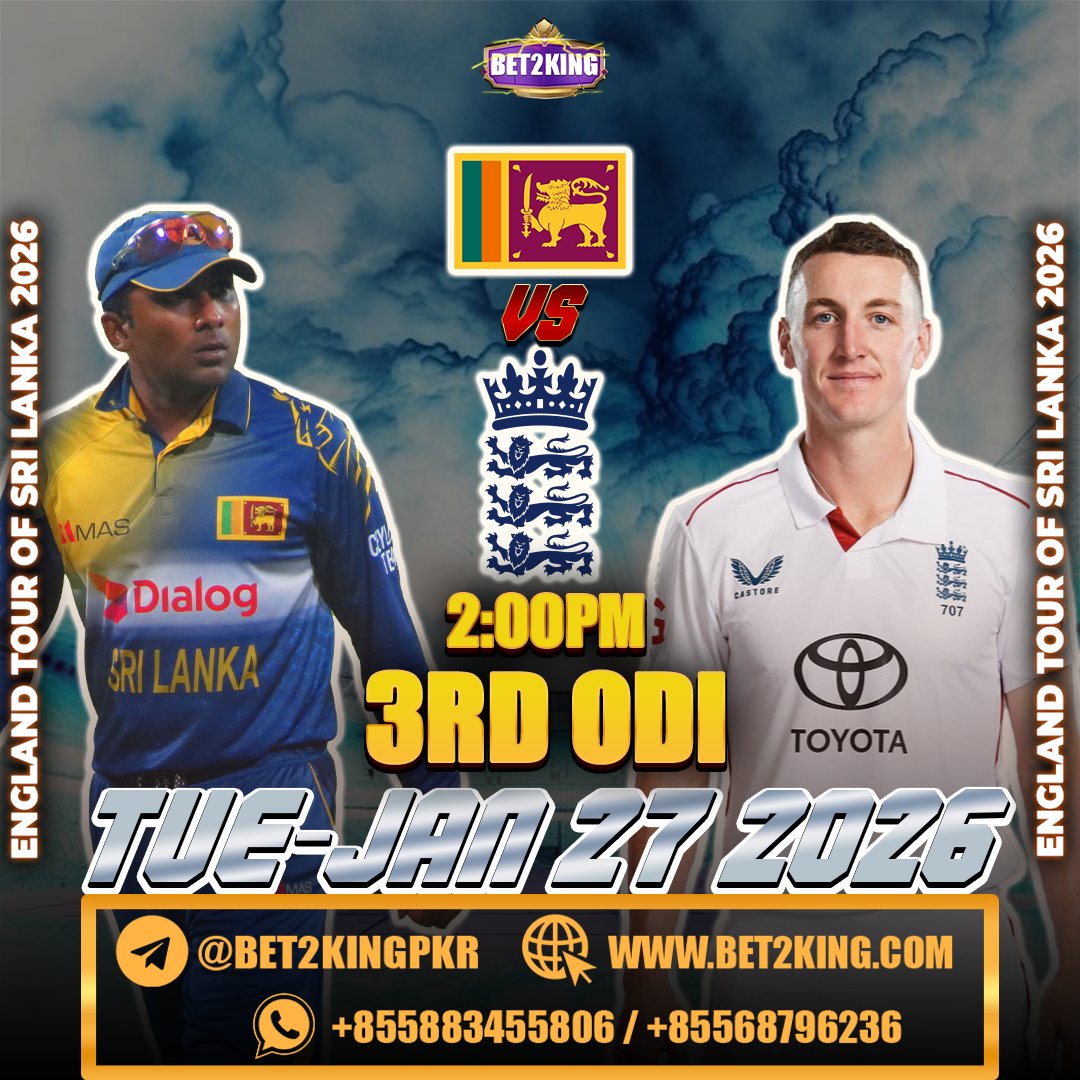 bet2king99's tweet photo. 🏏 BIG MATCH. BIG THRILLS. BIG WINS! 🏏

Sri Lanka 🆚 England 

🎯 Live Betting
🎯 Fast Withdrawals
🎯 Massive Odds
🎯 24/7 Support 

#Bet2King #SLvsENG #ODI2026 #MatchDayVibes #WinningZone #BettingTips
#OnlineGaming #PlayAndWin #CricketFever #SmartBetting #JackpotTime #GameOn https://t.co/GyFFTtNbH6