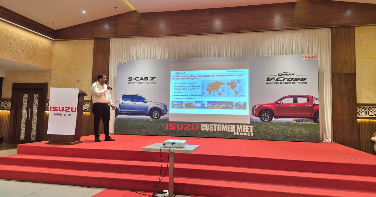 IsuzuIndia's tweet photo. EVM ISUZU organized a customer meet at Kannur showcasing the ISUZU S-CAB Z and V-CROSS.
Customers gained a better understanding of ISUZU and its products and appreciated the performance and durability.
#isuzumotorsindia #CustomerMeet #kannur #kerala #SCABZ #VCross https://t.co/ObBW3ZCX4u