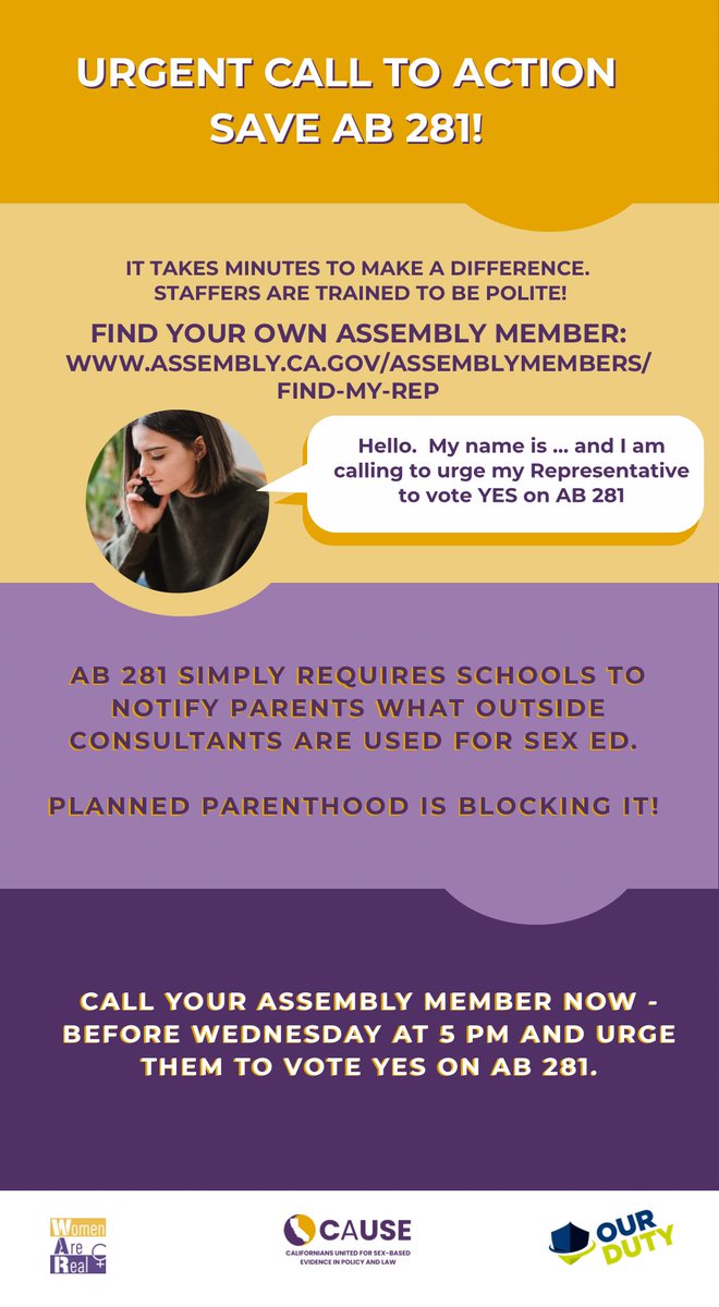 CAcause25's tweet image. URGENT CALL TO ACTION – California Voters! 
A real opportunity to promote parental rights in California! 

All you need to do is call YOUR OWN California Assembly Member by 5pm on Wednesday, January 28.

AB 281 is a straightforward parents’ rights bill regarding sex ed…
