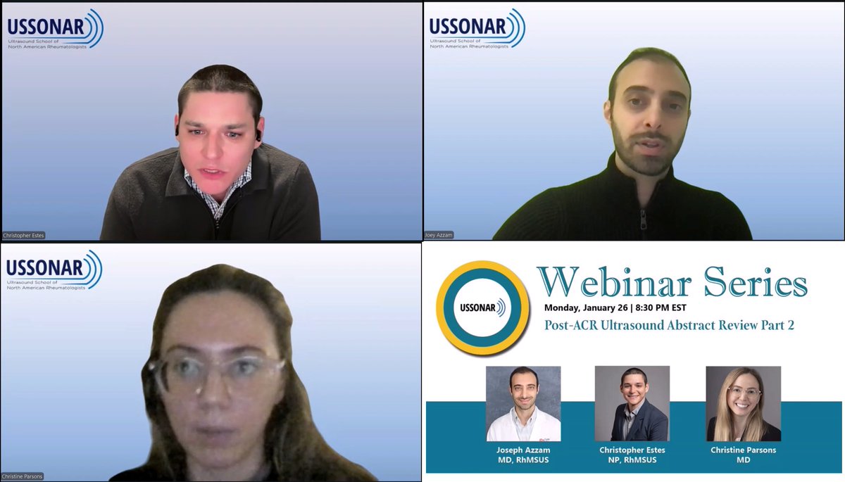 USSONAR_Rh's tweet photo. Another great round up of #ACR25 abstract review part 2!
Christine Parsons presents on US in #meded
@Chris_Estes_NP presents on #APP #MSUS education @joeyazzam presents on abstracts in #Sjogrens 
#RhMSUS @ACBarrMD @janethyinhmd @minnakohlermd @PhilChuMD https://t.co/mq9ScNJIhI