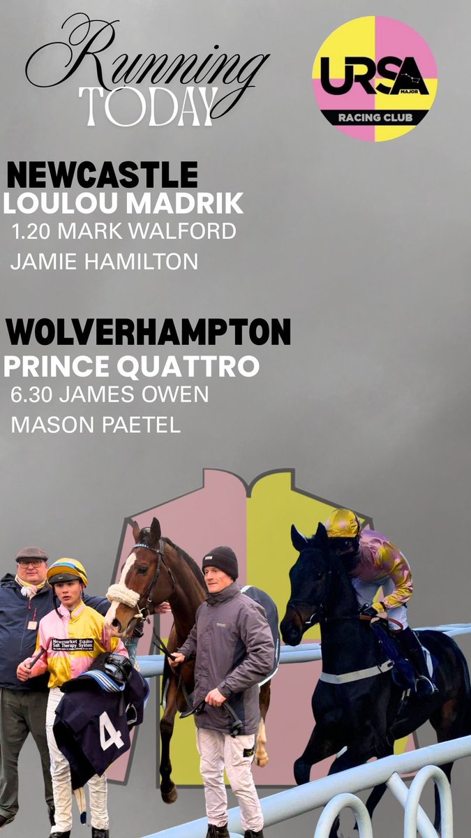 Two runners today 

<a href="/NewcastleRaces/">Newcastle Racecourse</a> Loulou Madrik looks to pitch another good effort after a 🥈 last time out 

<a href="/WolvesRaces/">Wolverhampton Races</a> Prince Quattro goes again under a penalty after last weeks 🥇 
<a href="/HickyParmarRace/">Hicky Parmar Racing</a> 

Good luck everyone 🍀