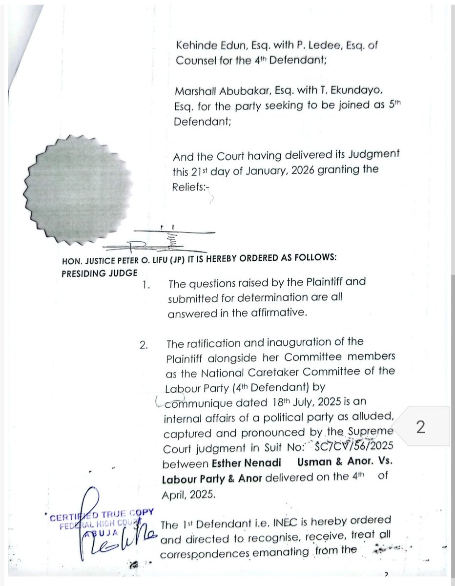 SenNenadiUsman's tweet image. Below is the CTC of the enrollment order of the recent Federal High Court judgment affirming my leadership of the Labour Party