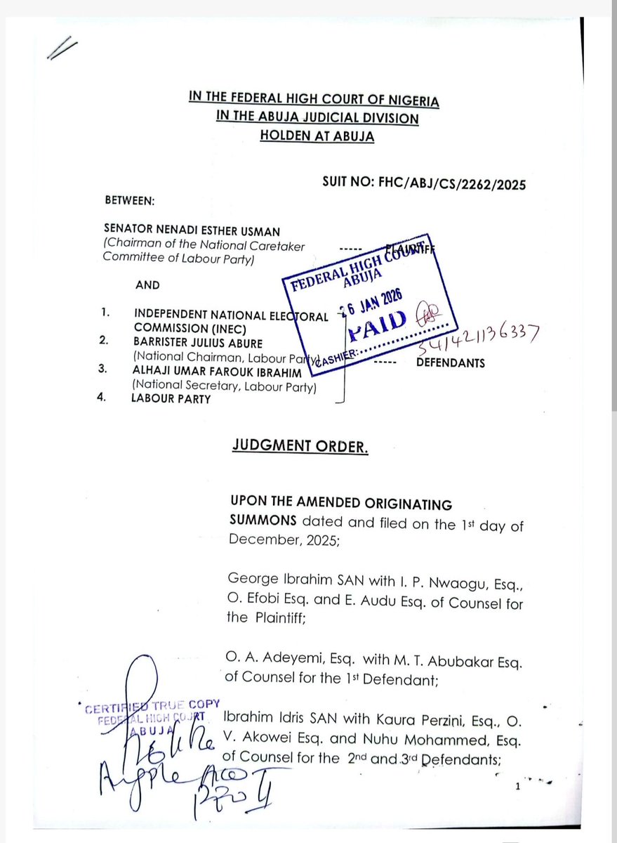 SenNenadiUsman's tweet image. Below is the CTC of the enrollment order of the recent Federal High Court judgment affirming my leadership of the Labour Party