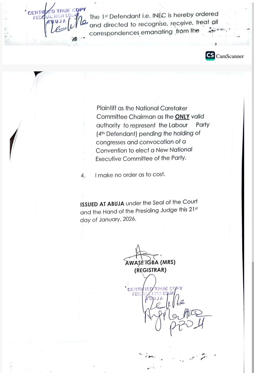 SenNenadiUsman's tweet image. Below is the CTC of the enrollment order of the recent Federal High Court judgment affirming my leadership of the Labour Party