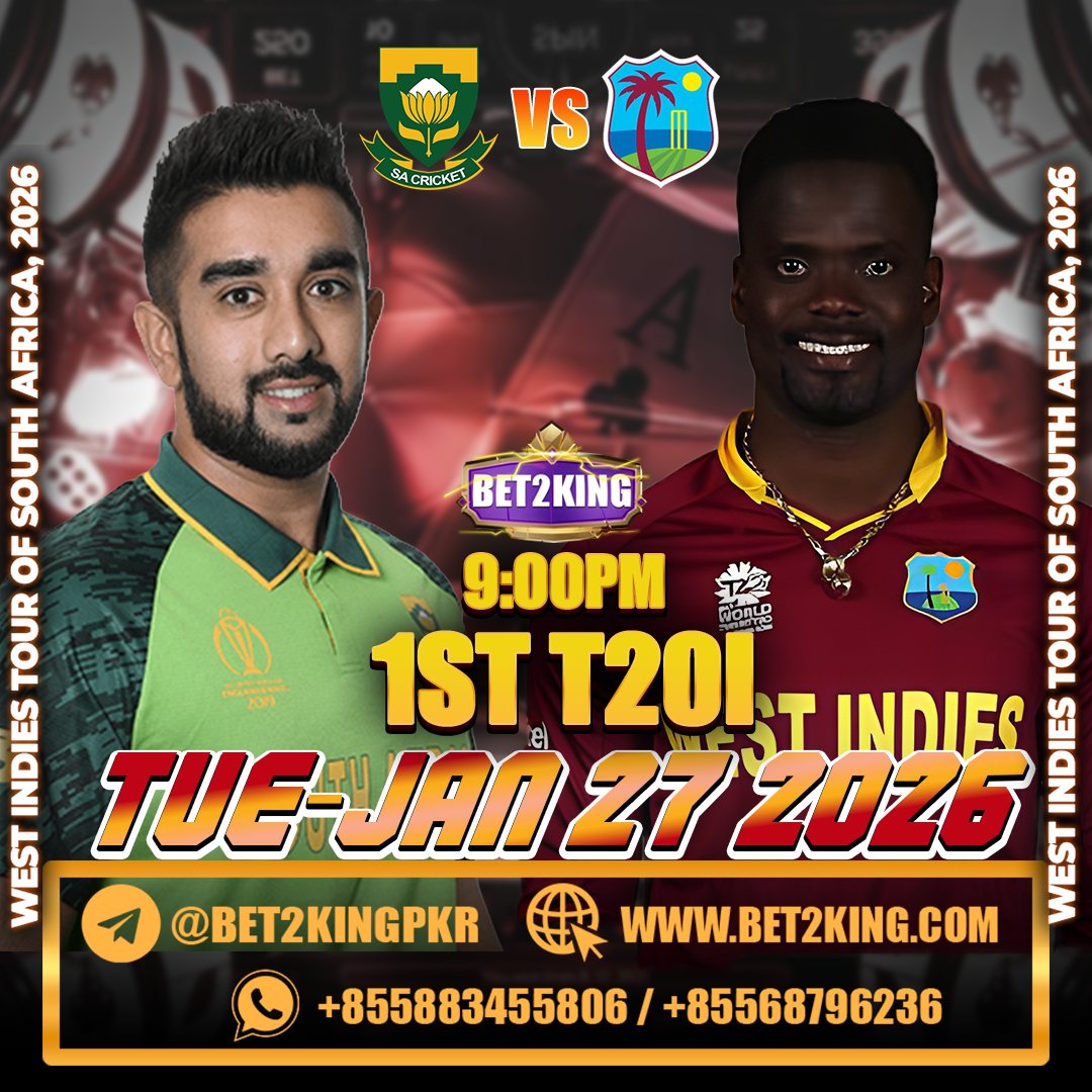 bet2king99's tweet photo. South Africa 🆚 West Indies- 1st T20I 

This match is FAST, FIERCE &amp; FULL OF OPPORTUNITIES 💰

🎯 Live Match Betting
🎯 Ball-by-Ball Action
🎯 High Odds | Fast Payouts
🎯 Trusted Gaming Platform

💥 One over can change the game
💥 One smart bet can change YOUR NIGHT 

#Bet2King https://t.co/4x61ZMkw1z
