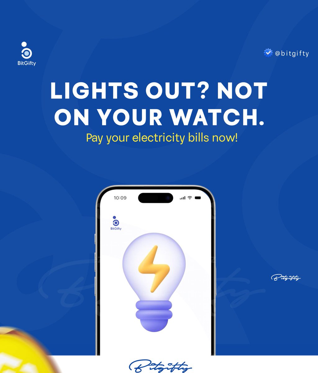 BitGifty's tweet image. Lights out? Not on your watch! 

Don’t let your electricity bill expire! Pay it now on BitGifty:

✅ Pay with crypto (Bitcoin, USDT, etc.)
✅ Instant processing
✅ 10% cashback
✅ Zero hassle

Keep the lights on. Pay your NEPA bill on BitGifty! 🔌

#BitGifty #ElectricityBill