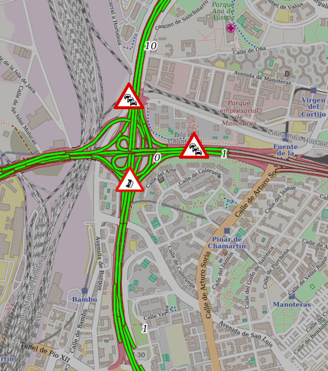 cgm_madrid's tweet photo. ⚠️Se ha producido un accidente en #M30, en la zona del nudo   Manoteras. Ha sido 🚧 cortado el carril izquierdo de la calzada   interior (sentido A-2). Empeoran las retenciones habituales de hora punta en   la zona. @Calle30Madrid https://t.co/UvNf6c6zI1