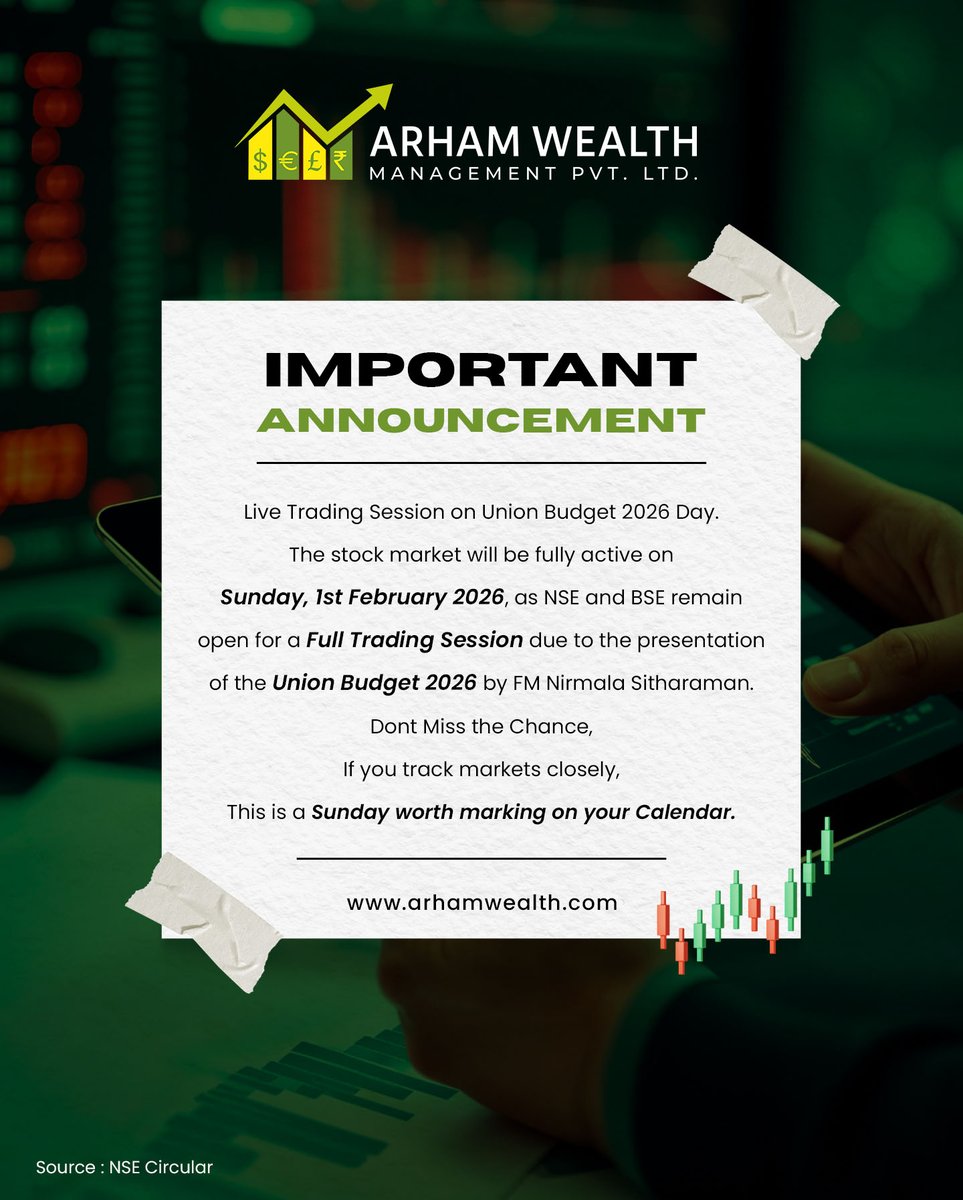 ArhamWealth's tweet photo. Indian stock markets will be open on Sunday, Feb 1, 2026 for Union Budget Day 🧾🇮🇳

NSE &amp; BSE will run a full trading session 📊
Sunday trading = Budget impact in real time 👀📈📉
#unionbudget2026 #BudgetSession #unionbudget #StockMarketInvesting  #ArhamWealth https://t.co/u6yWriCTwr