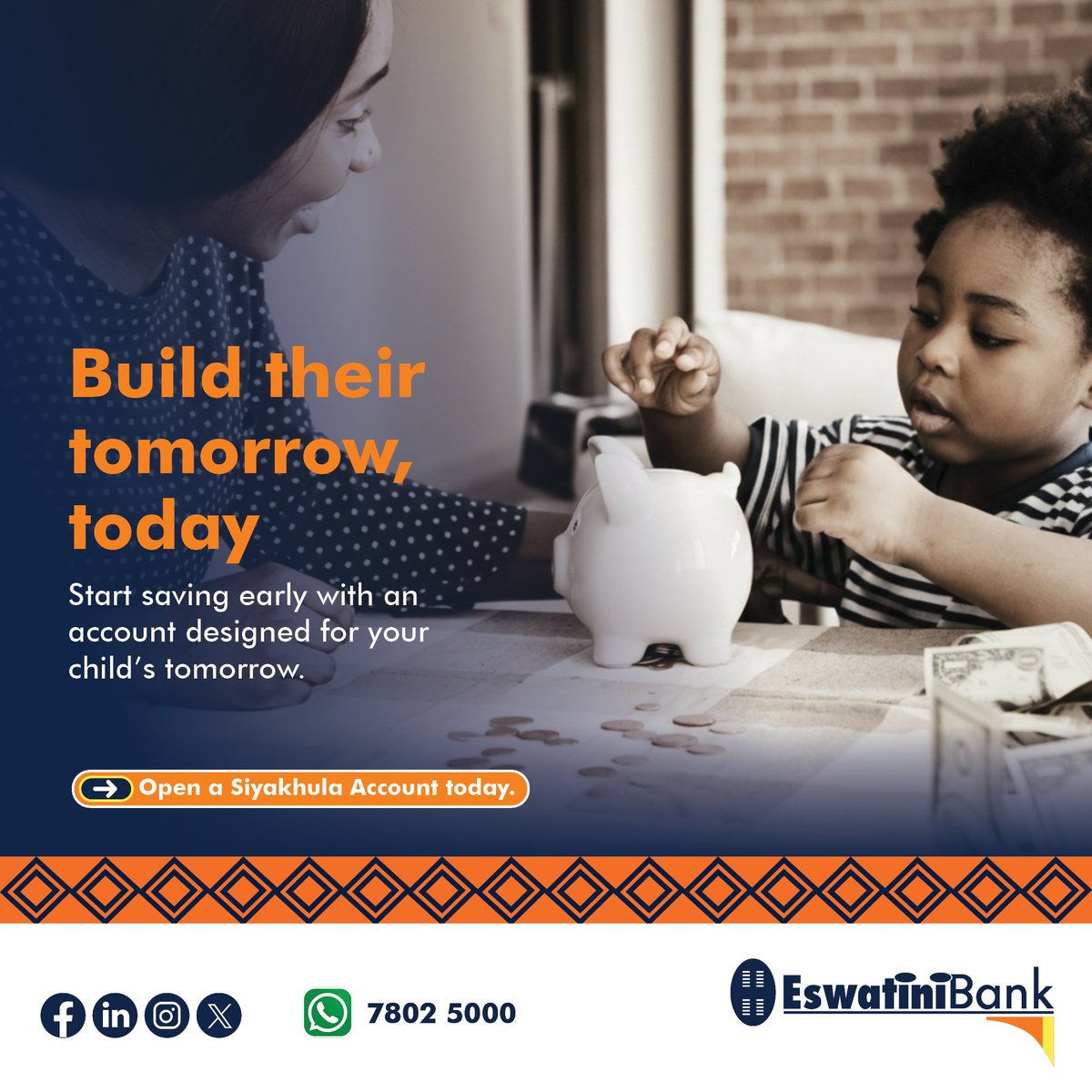 With just E10, you can open a Siyakhula Account and start your child’s financial journey early, because it’s never too soon to learn the value of saving. For assistance:
📞 2409 5000
📲 WhatsApp 7802 5000
📧 callcenter@swazibank.co.sz
🔗 bit.ly/EBPersonalAcco…
#EswatiniBank