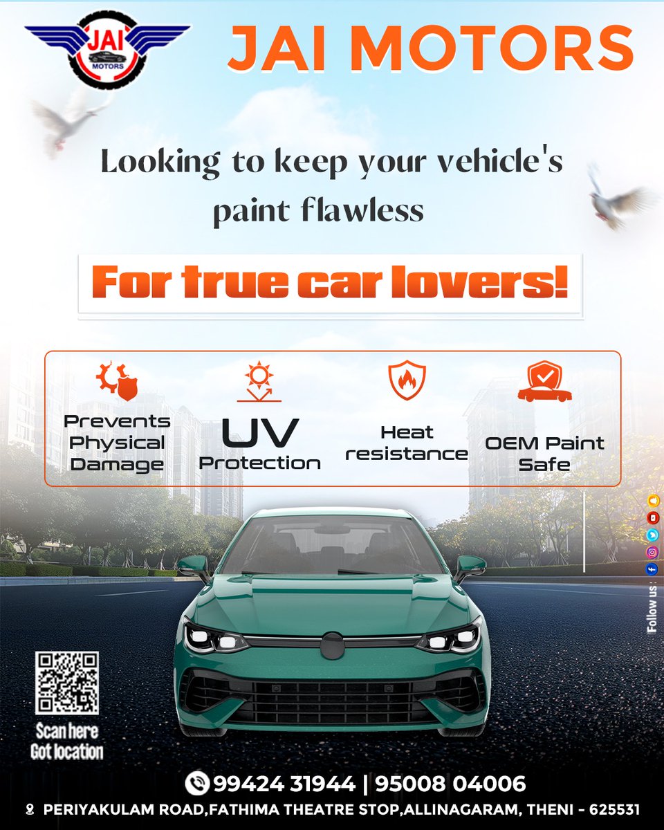JaiMotors1's tweet image. Keep your car’s paint flawless and protected 
Premium protection for true car lovers at JAI MOTORS.

📍Periyakulam Road, Fatima Theatre Stop, Theni – 625531
📞 99424 31944 | 95008 04006

#JaiMotors #CarCare #PaintProtection #UVProtection #CarLovers #AutoDetailing #OEMSafe