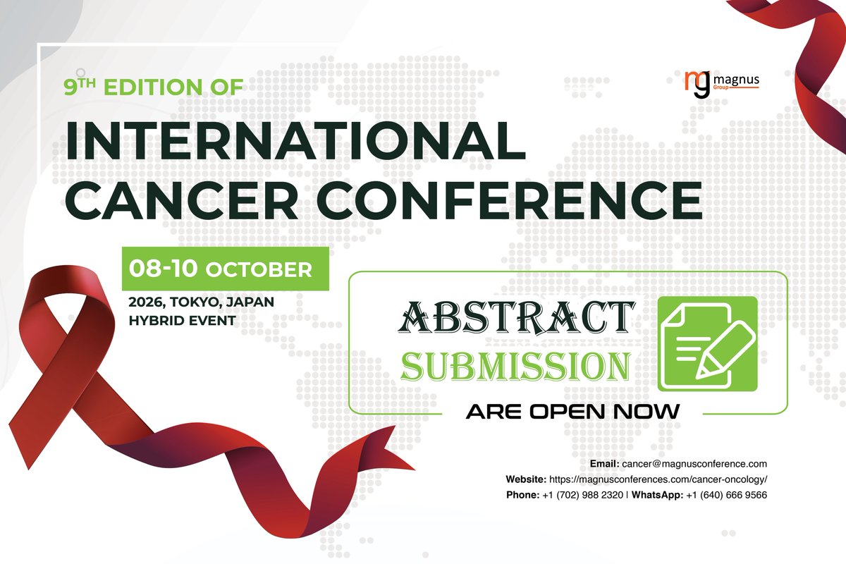 cancerconfer's tweet image. Abstract submissions are now open for the @cancerconfer hosted by @magnus_group!
📅Oct 8–10, 2026 | 📍 Tokyo &amp;amp; Online
Join researchers &amp;amp; clinicians for 3 days of networking &amp;amp; innovation
Submit: magnusconferences.com/cancer-oncolog…
For info: magnusconferences.com/cancer-oncolog…
#CancerConference #Oncology