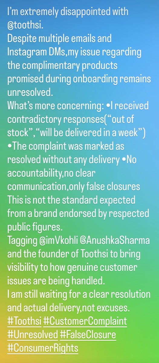PrabhakarBabloo's tweet photo. Extremely disappointed with @toothsialigners. Despite multiple emails &amp; Instagram DMs, complimentary products promised during onboarding are still not delivered. Issue was falsely marked resolved with contradictory responses.

 @imVkohli @AnushkaSharma &amp; @DrArpi for visibility. https://t.co/cqmJK8qtfQ