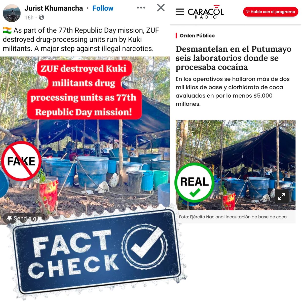 #MeiteiLiesExposed
The image shared by Jurist Khumancha is not from Manipur.
It matches reports from Putumayo, Colombia, where cocaine labs were dismantled.Stealing images from Google and blaming an entire community is criminal misinformation.This account must be held accountable