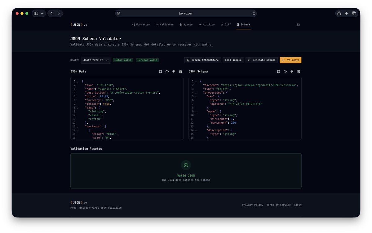 Just launched JSONvo on Product Hunt! 🚀

6 free JSON tools that never see your data:
• Formatter
• Validator  
• Viewer (with graph viz!)
• Minifier
• Diff
• Schema Validator

100% client-side. Your JSON stays in your browser.

producthunt.com/posts/jsonvo

#ProductHunt #WebDev