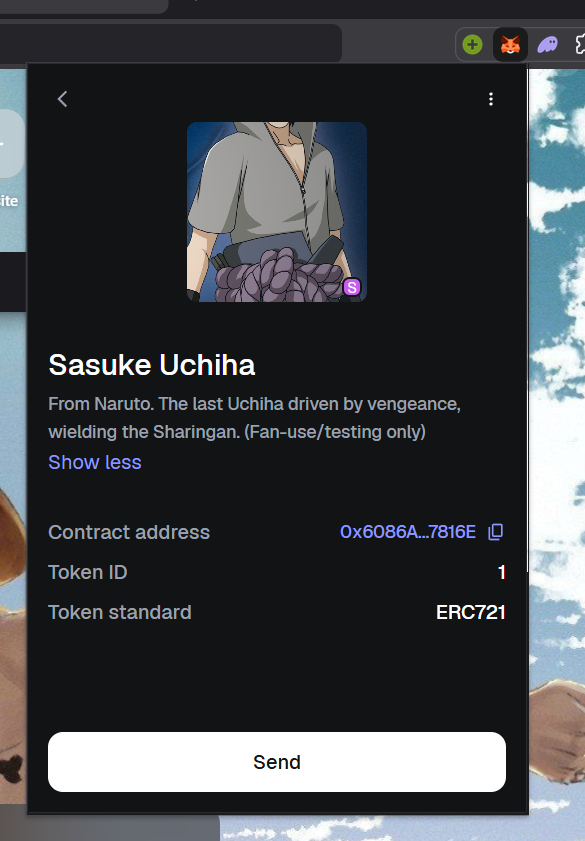 Bot_Er1's tweet photo. Wrote + deployed an ERC721, then minted my first token via script.
Feels good 😎🛠️ ,
Ignore the wrong image specs of sasuke 😅
#Solidity #Foundry #NFT https://t.co/1c9jZaFeqn