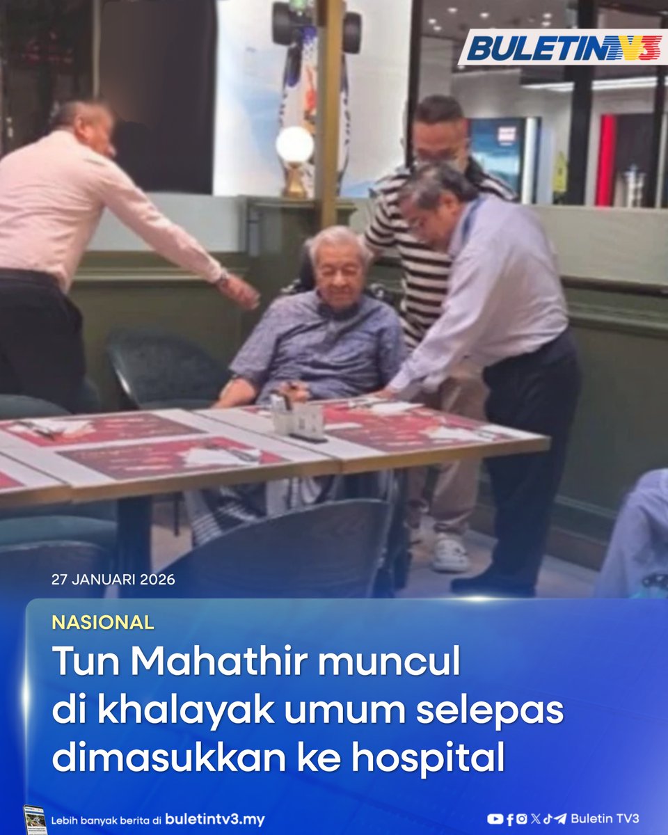 BuletinTV3's tweet image. NASIONAL | Bekas Perdana Menteri, Tun Dr Mahathir Mohamad dilihat muncul di khalayak umum buat kali pertama sejak dimasukkan ke hospital baru-baru ini apabila menikmati secawan kopi secara santai di sebuah pusat beli-belah, hari ini.

#BuletinTV3 #BeritaTerkini #TunM #TunMahathir