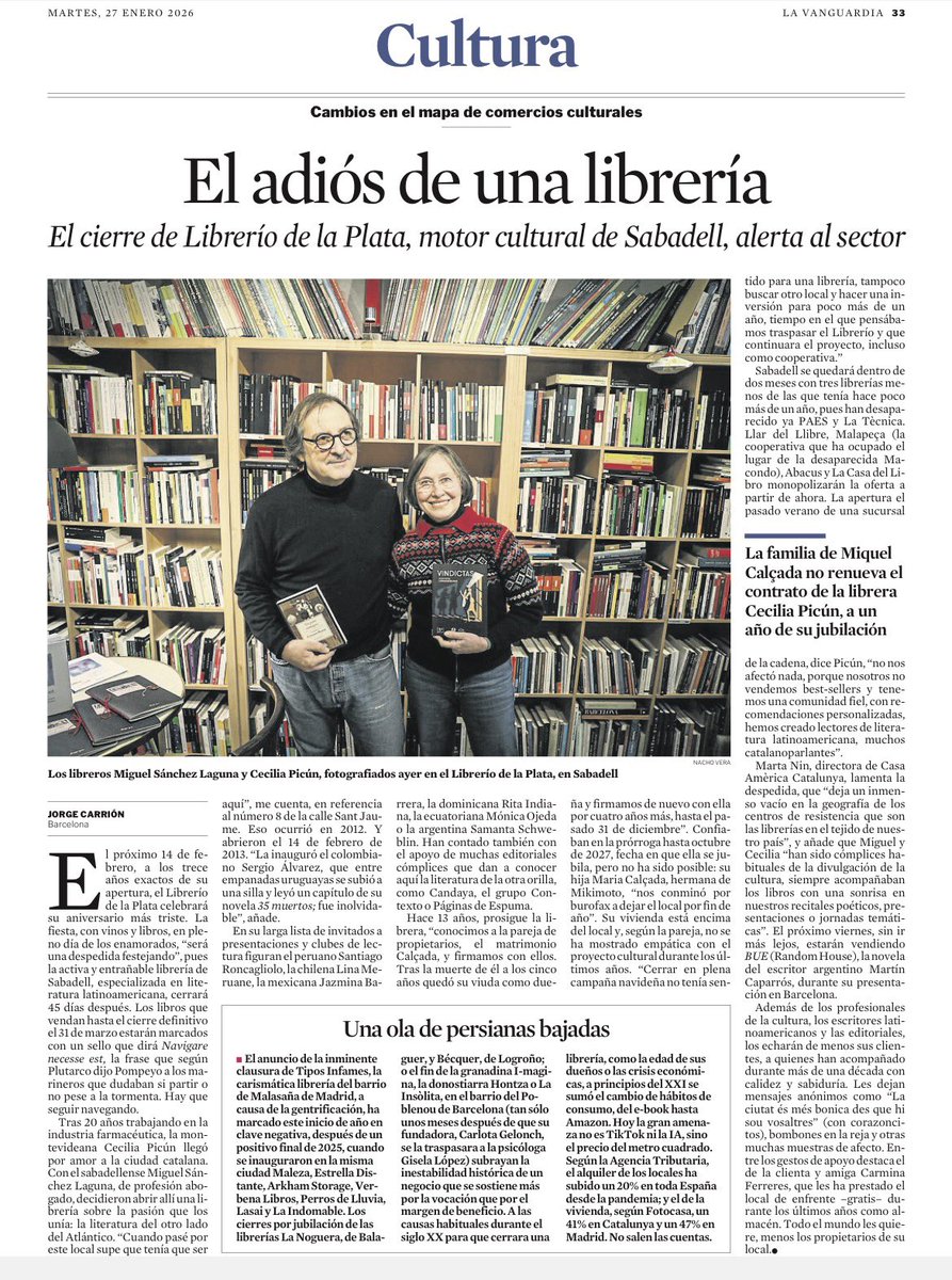 Hubiera preferido no escribir este artículo para La Vanguardia: lavanguardia.com/cultura/202601… Gracias por 13 años de activismo literario y amor por la cultura, <a href="/libreriodlplata/">Librerío De La Plata</a>
