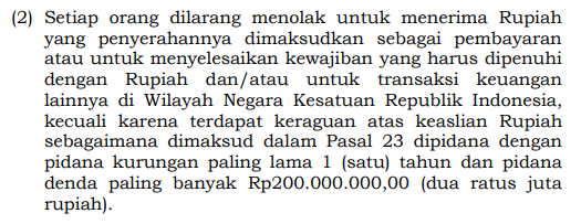 sales_yakult's tweet photo. @tvindonesiawkwk itu penjual dengan terang terangan menolak rupiah yang peredaran dan fungsinya masih sangat sah
udah jelas sangat bisa kena hukum pidana Pasal 33 ayat (2) UU Nomor 7 Tahun 2011 https://t.co/m6vxESQNqC