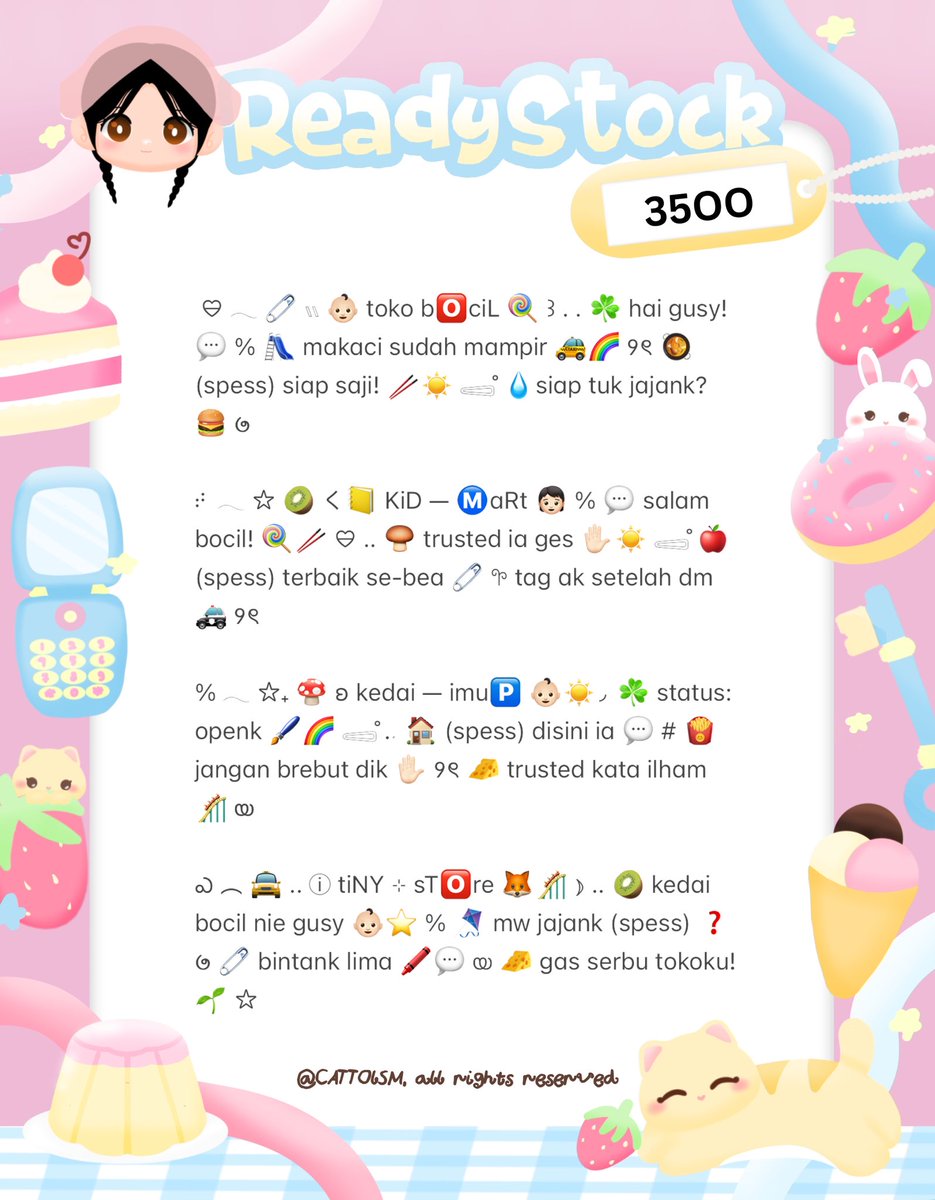 CATTOlSM's tweet image. ⣠ ︵  ♥︎  help repost?  tysm &amp;lt;3 ⭐️🎀  𓂅

◠  ⢸⠀ ada  wording  12  bio wording   kidcore  &amp;amp;  cute  ready  stock. . 🎶🍏  𓂃 . εїз   hanya  3.5k .ᐟ.ᐟ  &amp;gt;___%   💬👧🏻   ▷  ketuk  DM  sekarang. . ✋🏻 ₊˚𓂂

☆ —— tap alt for details! . . 🐈💧
zonauang  %  zonajajan  %  zonaba