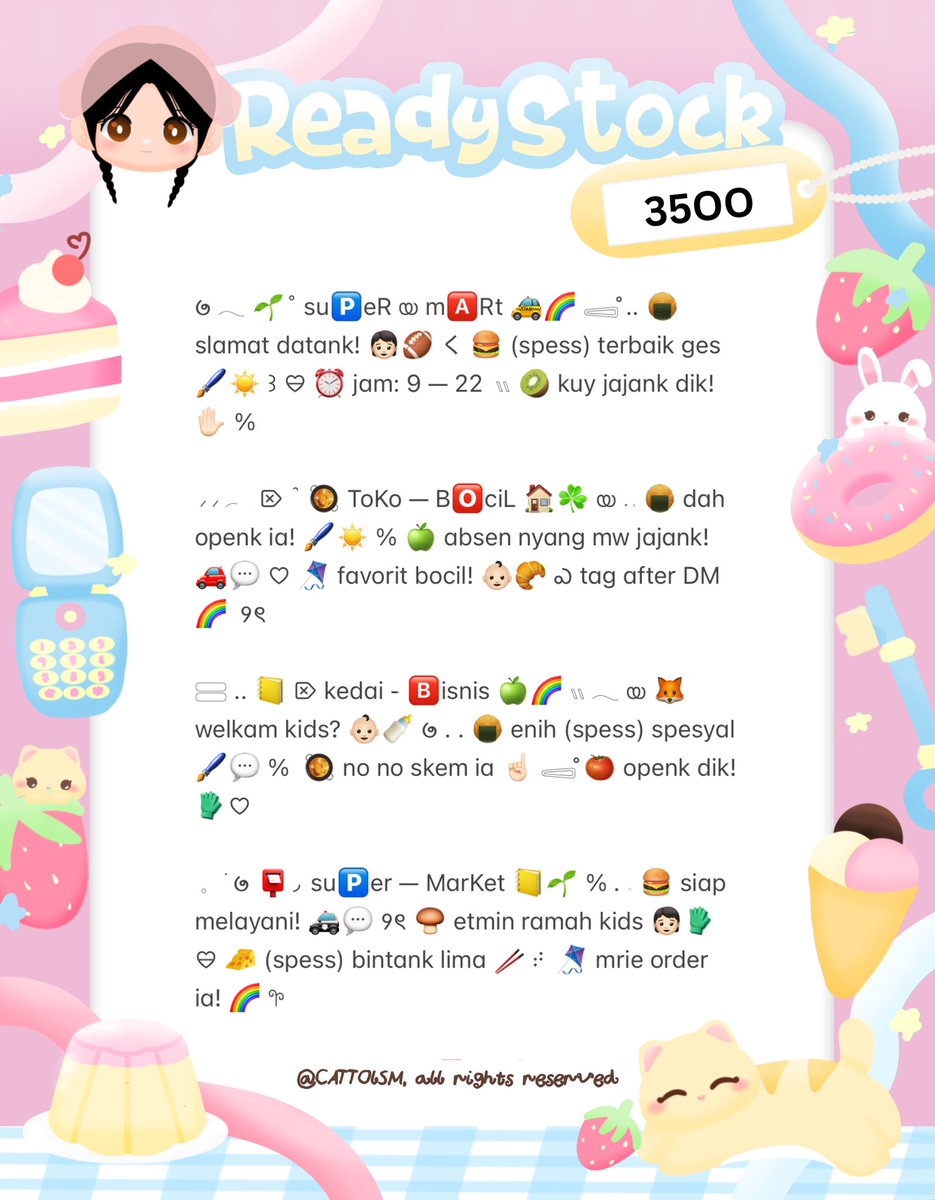 CATTOlSM's tweet image. ⣠ ︵  ♥︎  help repost?  tysm &amp;lt;3 ⭐️🎀  𓂅

◠  ⢸⠀ ada  wording  12  bio wording   kidcore  &amp;amp;  cute  ready  stock. . 🎶🍏  𓂃 . εїз   hanya  3.5k .ᐟ.ᐟ  &amp;gt;___%   💬👧🏻   ▷  ketuk  DM  sekarang. . ✋🏻 ₊˚𓂂

☆ —— tap alt for details! . . 🐈💧
zonauang  %  zonajajan  %  zonaba