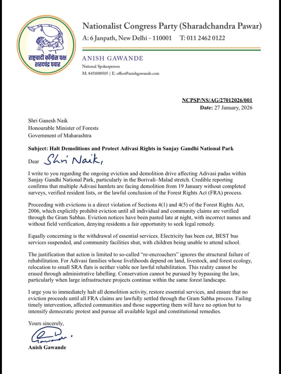 anishgawande's tweet photo. I’ve written to Forest Minister @NaikSpeaks ji to immediately halt illegal evictions of Adivasi padas inside Sanjay Gandhi National Park without FRA verification.

If demolitions continue, we will be forced to intensify protests and pursue legal remedies. This must stop now. https://t.co/XWquipYpNo