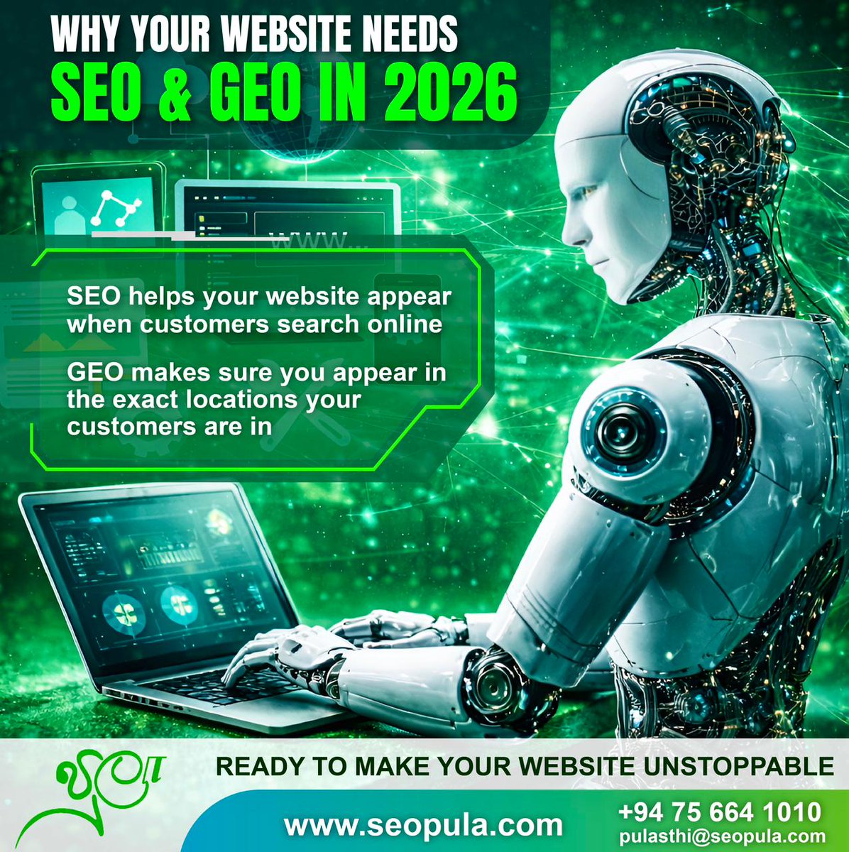 Pulasthiw's tweet photo. 🌍✨ Why Your Website Needs SEO &amp; GEO in 2026

Together, they turn your website INTO:

🚀 More relevant traffic

📊 More qualified leads

📞 More real customers

🔥 Ready to make your website unstoppable?

➡️ Visit: https://t.co/t3feA3j24y
📲 Call: +94 75 664 1010

#SEO #GEO #lk https://t.co/bXLOP0kUiA