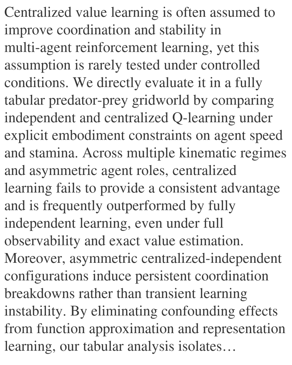 PIN's tweet image. Embodiment-Induced Coordination Regimes in Tabular Multi-Agent Q-Learning

Muhammad Ahmed Atif, Nehal Naeem Haji, Mohammad Shahid Shaikh, Muhammad Ebad Atif
arxiv.org/abs/2601.17454 [𝚌𝚜.𝙼𝙰 𝚌𝚜.𝙰𝙸 𝚌𝚜.𝙻𝙶]