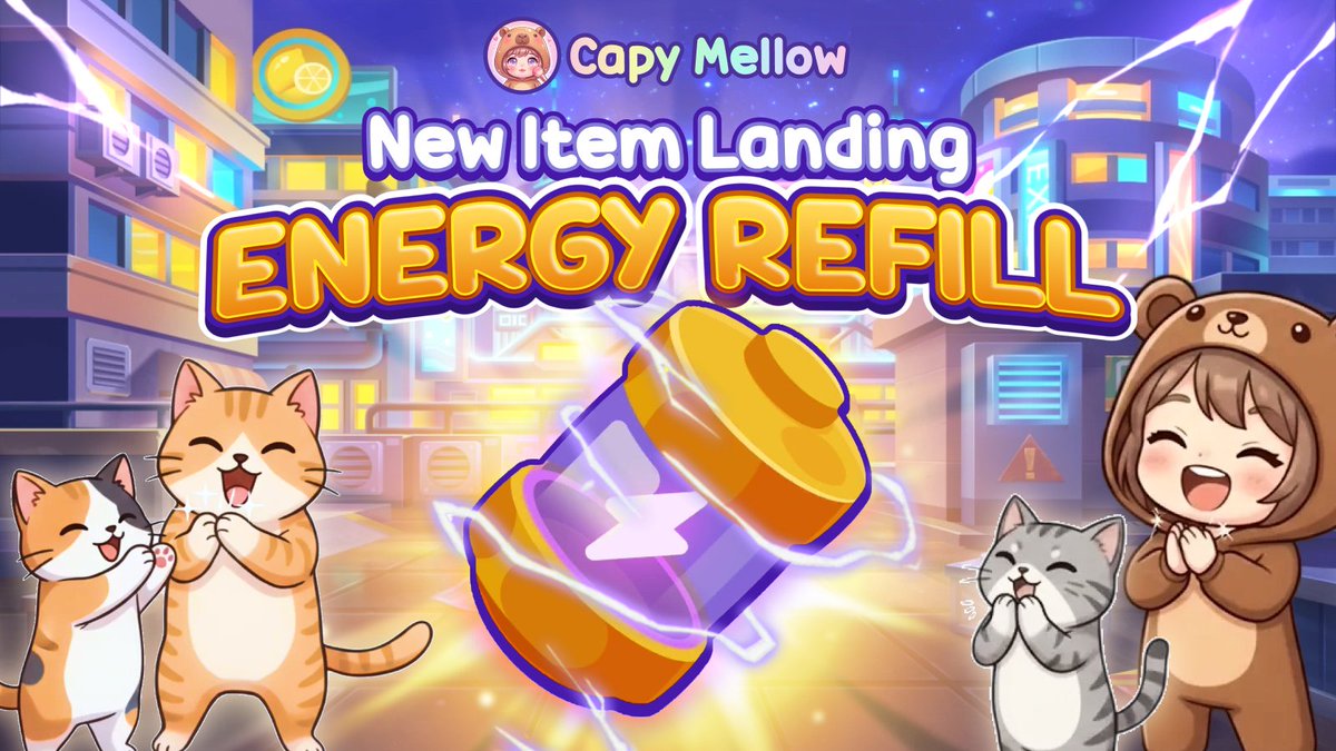 capymellow's tweet photo. New Special Item: Energy Refill ✨

Running low on energy but still feeling the vibe?
Energy Refill is here to keep you going — no waiting, no pressure, just smooth gameplay 🐾⚡️

🔋 What it does
Energy Refill instantly restores +5 Energy, so you can jump straight back into your favorite minigames.

🚀 Why it matters
• Keep playing without interruptions
• Perfect for chill sessions that go a little longer
• More energy, more calm progress ✨

Recharge and continue at your own pace 🌿
👉 Only in Capy Mellow: https://t.co/nIksqMFXws