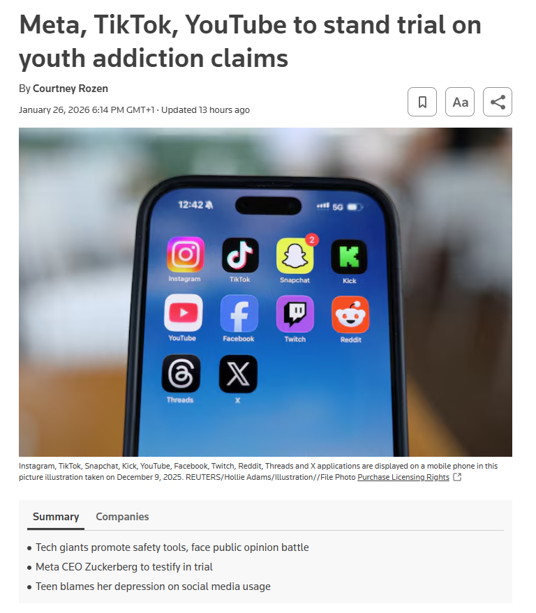 Arranca en Los Ángeles el primer gran juicio contra Meta (Facebook e Instagram), Snap (Snapchat), Google (YouTube) y ByteDance (TikTok)  por daños a la salud mental de menores.

Llega por una denuncia de K.G.M, una joven de 19 años, que afirma su adicción a estas plataformas le