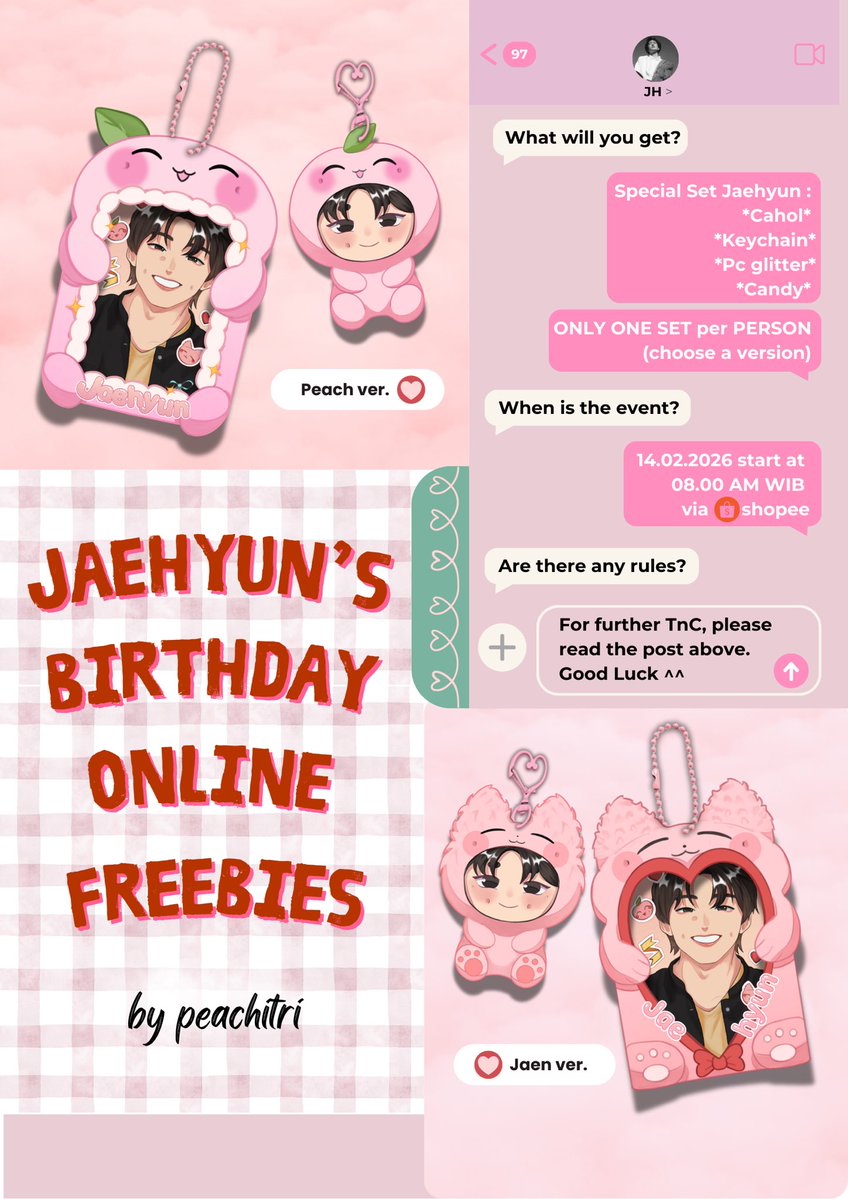 peachitri's tweet image. ♡ (｡◠‿◠｡) ♡ Jaehyun’s Birthday Online Freebies 
By: Peachitri 

How to claim?
‹𝟹 Like &amp;amp; RT
‹𝟹 𝑽𝒂𝒍𝒔
‹𝟹 CO🍊Rp1.402 (no refund),SPX only
‹𝟹 𝟭𝟰/𝟬𝟮/𝟮𝟲 @𝟴𝗔𝗠 𝗪𝗜𝗕,
‹𝟹 Drop ur X usn on notes,
‹𝟹 Limited qty

🔗LINK : id.shp.ee/tvJanY7