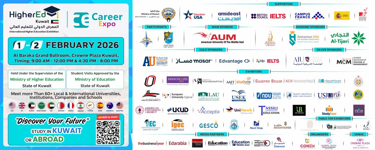 HigherEdkuwait's tweet photo. HigherEd Kuwait 2026
Your gateway to global universities and leading local institutions — all in one place.
1–2 February 2026
Al Baraka Grand Ballroom, Crowne Plaza Kuwait
Event Timings:
Morning: 9:00 AM – 12:00 PM
Evening: 4:30 PM – 8:00 PM
Register Now:
https://t.co/8ykw6jxtGz https://t.co/hlb0at0hdV