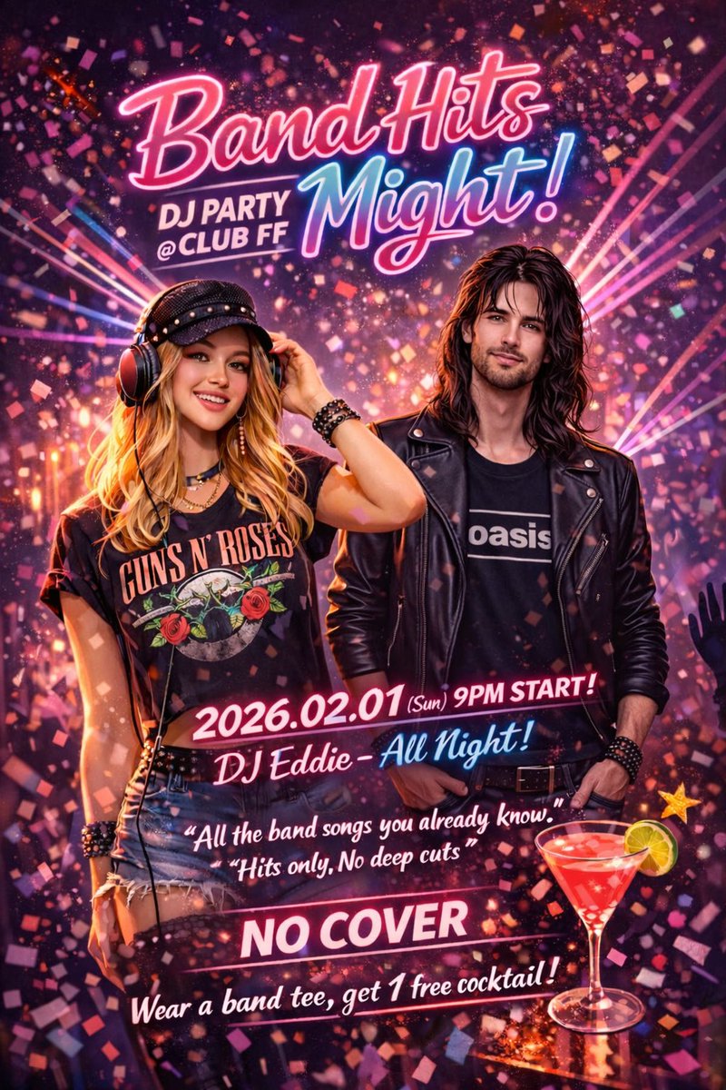 밴드 공연이 아닌 밴드 음악을 선곡해서 트는 디제잉 파티 입니다.  

밴드 음악에 어떻게 춤추고 놀아? 
그냥 오셔서 보세요.~

Band Hits Night @클럽FF 

2026.02.01 (일) 9pm Start 

DJ Eddie - All Night 

밴드 티셔츠 입고 오시면  1 Free Cocktail !