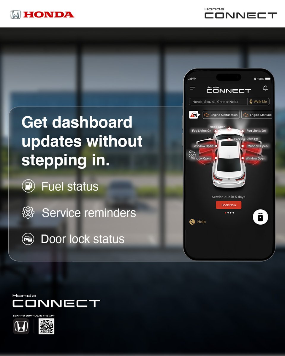 HondaCarIndia's tweet photo. Access dashboard updates anytime, right from your smartphone with #HondaConnect.
Get service reminders, door lock status, and more even before you step out.
#HondaCarsIndia #HondaCars https://t.co/Sf0xvfvhOQ