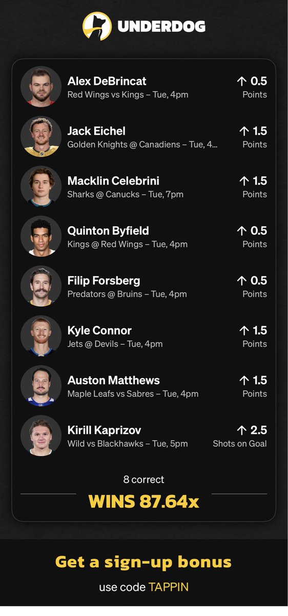 87x NHL 8 Pick Monster Lineup

O .5 PTS :
🚨 Byfield
🚨 Forsberg
🚨 DeBrincat

O 1.5 PTS :
🚨 Eichel
🚨 Celebrini
🚨 Connor
🚨 Matthews

O 2.5 SOG :
🚨 Kaprizov 

TAPP In &amp; Win

play.underdogfantasy.com/es-3qtXZeeCdp