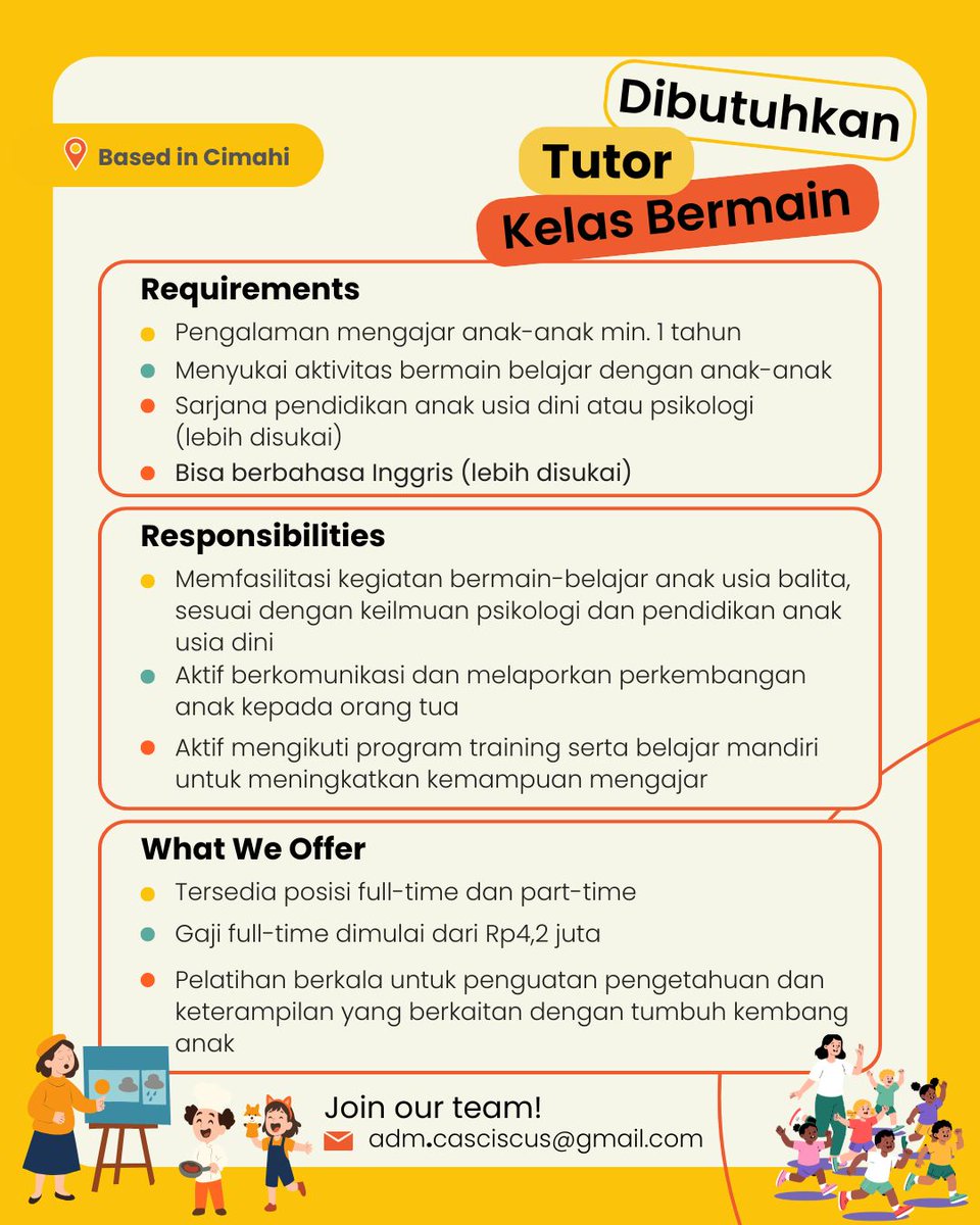 LOKER CIMAHI!
• English tutor murid 3-12th
• Tutor kelas bermain Balita

Kali ini aku cantumin nilai gaji.
Untuk full-time, gaji di atas rata2 gaji guru PAUD dan UMK Cimahi

Usia >30 tahun boleh banget apply

But please note 👇