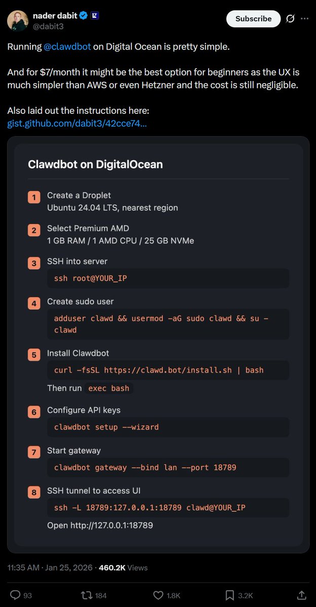 minchoi's tweet photo. You can literally run Clawdbot on Digital Ocean for $7/month https://t.co/cfyP9HwSd3