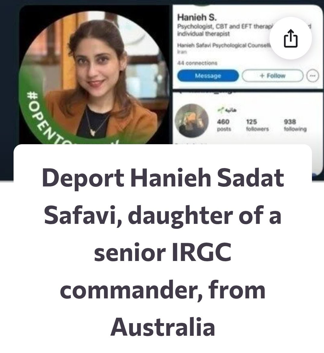 Hanieh Safavi, also known as Haniyeh Sadat Rahim Safavi, is reported to be the daughter of Brigadier General Yahya Rahim Safavi, a senior military advisor to Ali Khamenei &amp; former head of the Islamic Revolutionary Guard Corps 

He has been sanctioned by the United Nations, the