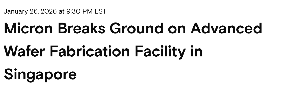 memorynote_'s tweet image. 마이크론, 싱가포르 첨단 웨이퍼 제조 시설 착공

[Key Takeaways] 
마이크론이 AI 수요 급증에 대응하기 위해 싱가포르에 240억 달러 규모의 차세대 NAND 팹을 착공하며, 이는 HBM 패키징 시설과 더불어 글로벌 AI 메모리 공급망의 핵심 기지가 될 전망임 → 낸드 장비주 수혜!

1) 마이크론…