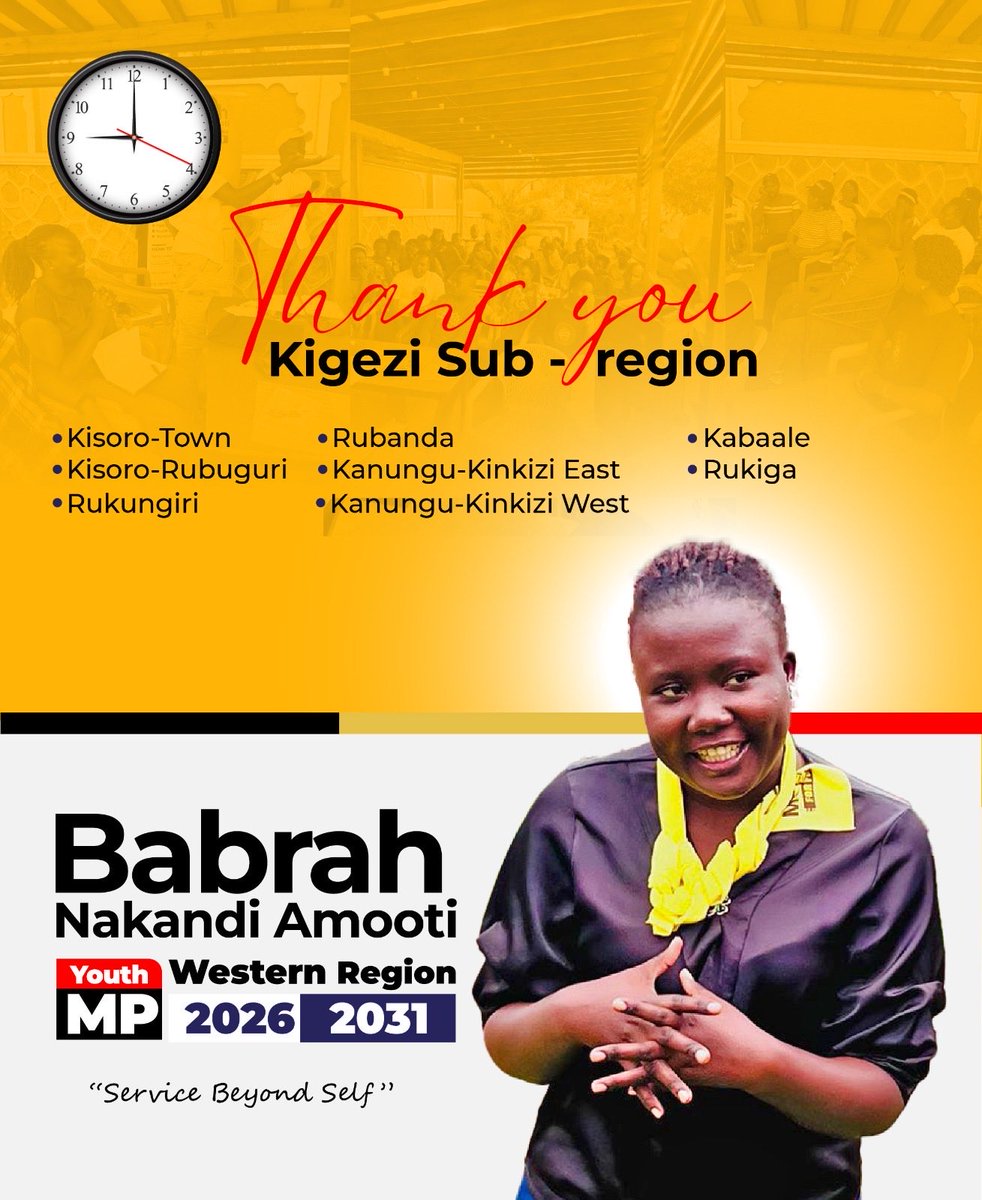 IrynKabatesi's tweet photo. ⏰*1 DAY TO GO!*

Thank you, Kigezi sub-region! 🤝🙌

On 28th January 2026, Western Region NYC delegates will make a defining choice. As you reflect on that decision, consider *Babra Nakandi Amooti* for Western Uganda Youth Member of parliament #ServiceBeyondSelf https://t.co/nQTCqPex0M