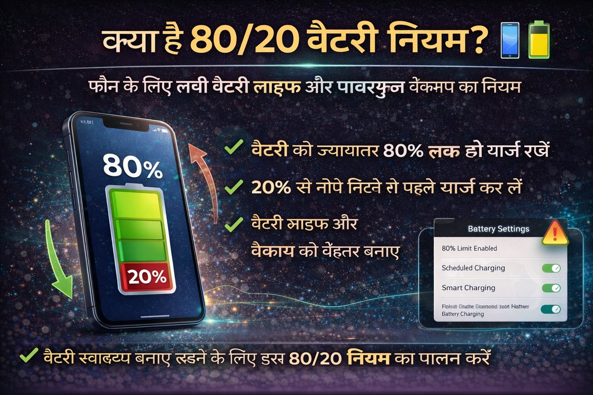 KishanKPatel0's tweet photo. 🔋📱 80-20 बैटरी रूल फोन बैटरी के लिए आसान और असरदार है:
📌 बैटरी को 20% से नीचे न जाने दें
📌 80% तक चार्ज करने पर रोकें
इससे बैटरी लाइफ और बैकअप दोनों बेहतर रहते हैं! ⚡📈

#BatteryTips #MobileHacks #TechTips #PhoneBattery #DigitalIndia #StayCharged #SmartphoneCare https://t.co/xm6bWfCuAU