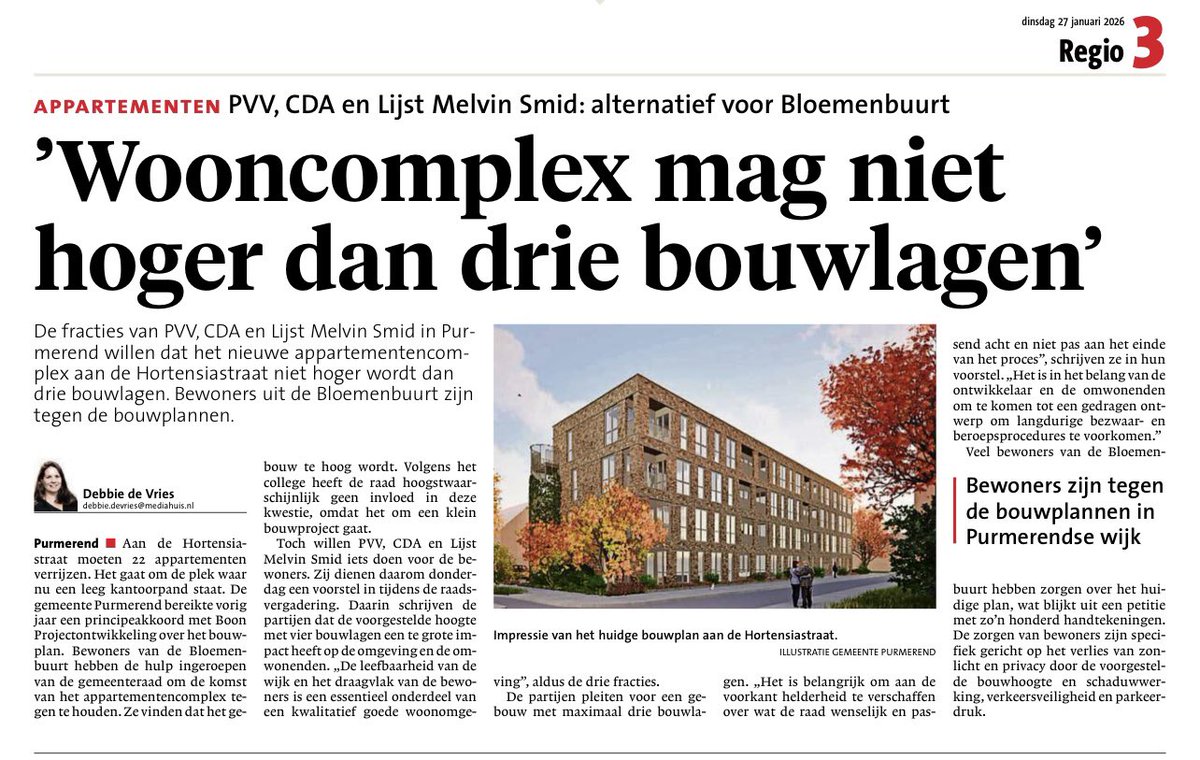 Vandaag in Dagblad Waterland / NHD.

#Purmerend #centrum #bloemenbuurt #woningen #woningbouw