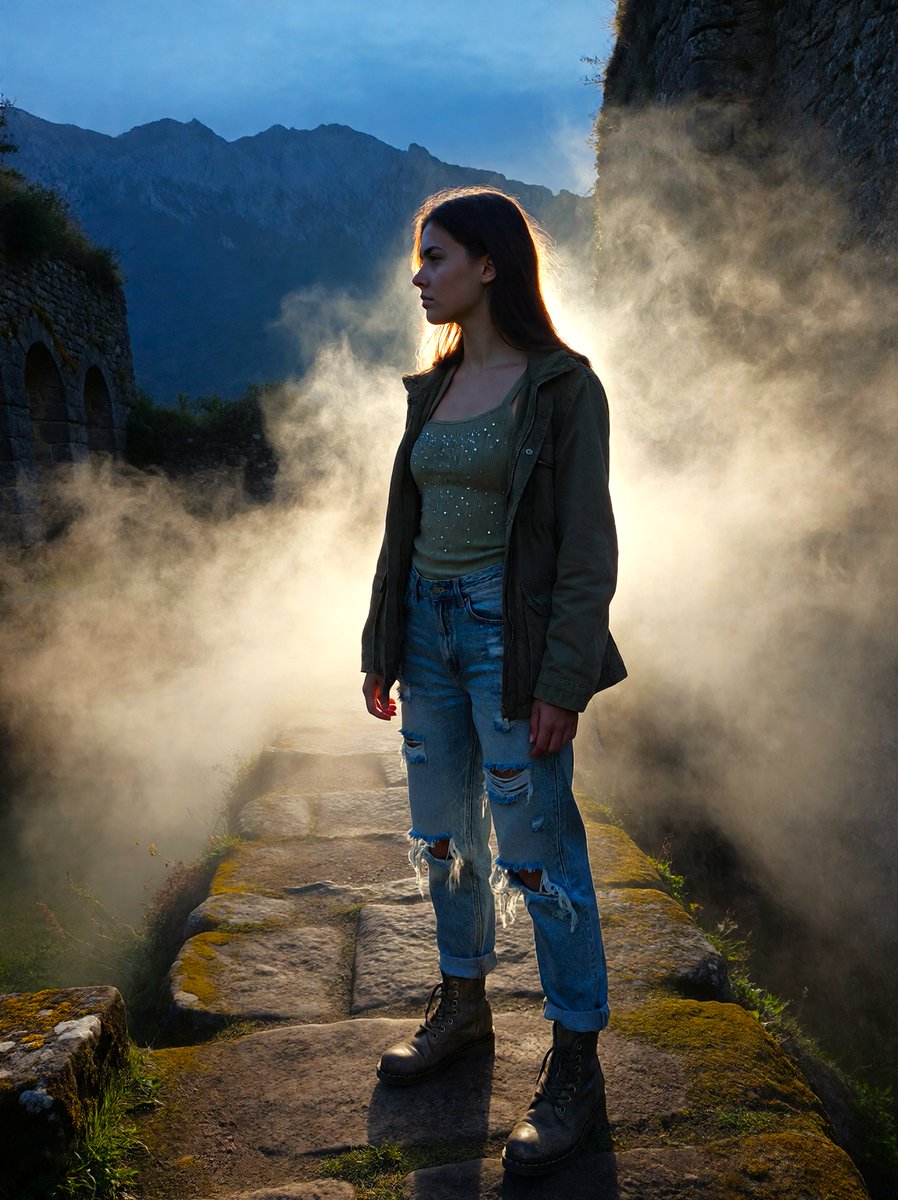 Refiner_Studio's tweet photo. with
@ImagineArt_X
[ImagineArt 1.5 Pro]   ⁠#creator_challenges 

Cinematic full-body photograph of a young Slavic girl, standing profile view. She wears an olive ribbed tank top with subtle rhinestone motifs and jacket, heavily distressed denim trouser with frayed hems, and worn dark leather combat boots. She is positioned on an elevated stone pathway within ancient, overgrown ruins choked with thick, swirling atmospheric fog and haze at deep twilight. A scenic, rugged mountain range is visible in the far distance. Dramatic backlighting (rim light) catches the smoke texture and her silhouette. 35mm lens, f/2.8, highly detailed textures, photorealistic, 8k.