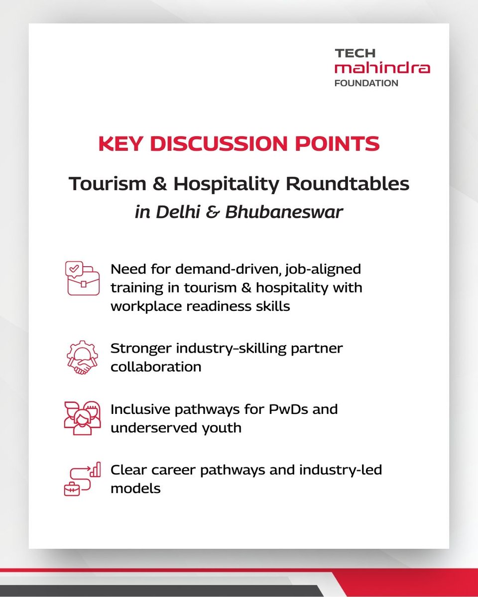 techmahindracsr's tweet photo. India’s #Tourism & #Hospitality sector continues to emerge as a key employment driver, with growing demand for skilled, service-ready talent across regions.

Tech Mahindra Foundation recently concluded Tourism & Hospitality Industry Roundtables in #Delhi and #Bhubaneswar, bringing together industry leaders, skilling partners, and practitioners to deliberate on building a future-ready workforce for the sector.

Through our Skills-for-Marketing Training Program (#SMART), Tech Mahindra Foundation will continue to enable industry-aligned skilling across high-growth sectors, including Tourism and Hospitality.

If you would like to explore partnerships or collaborate with us, write to info@techmahindrafoundation.org.

Find the key discussion pointers below 👇

#TogetherWeRise #Skilling #SkillDevelopment #FutureOfWork #InclusiveGrowth #CSR