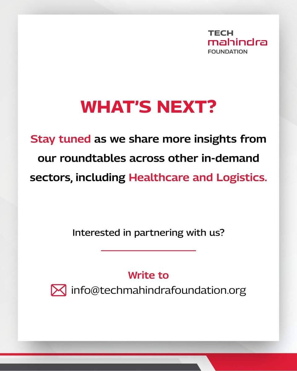 techmahindracsr's tweet photo. India’s #Tourism & #Hospitality sector continues to emerge as a key employment driver, with growing demand for skilled, service-ready talent across regions.

Tech Mahindra Foundation recently concluded Tourism & Hospitality Industry Roundtables in #Delhi and #Bhubaneswar, bringing together industry leaders, skilling partners, and practitioners to deliberate on building a future-ready workforce for the sector.

Through our Skills-for-Marketing Training Program (#SMART), Tech Mahindra Foundation will continue to enable industry-aligned skilling across high-growth sectors, including Tourism and Hospitality.

If you would like to explore partnerships or collaborate with us, write to info@techmahindrafoundation.org.

Find the key discussion pointers below 👇

#TogetherWeRise #Skilling #SkillDevelopment #FutureOfWork #InclusiveGrowth #CSR