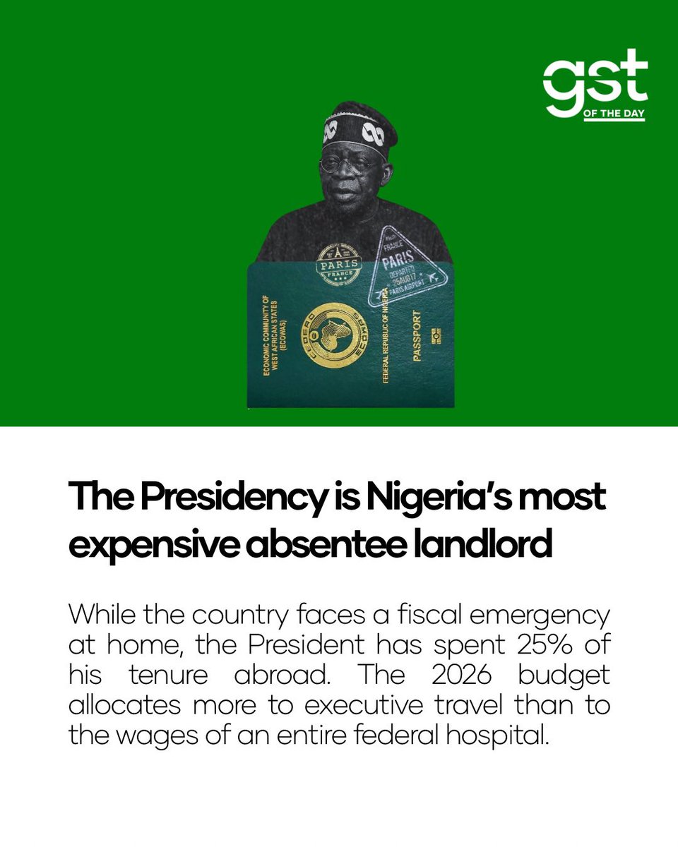 wearegst's tweet image. Tinubu has spent 1 in every 4 days in office, abroad.

Now the Presidency wants ₦12.18bn to keep him flying — in a country drowning in debt.